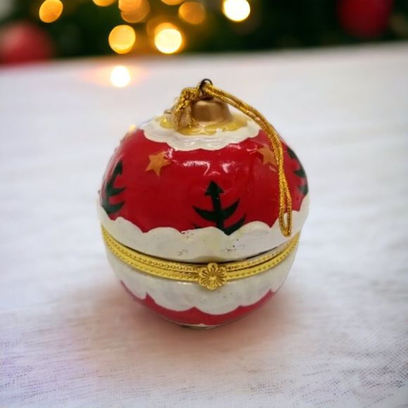 Limoge Style Christmas Ball Ornament Hinged Ceramic Porcelain Trinket Box NWOT - Picture 1 of 6